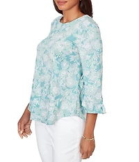 Ruby Rd. Petite Size Floral Scoop Neck 3/4 Ruffle Trim Sleeve Top