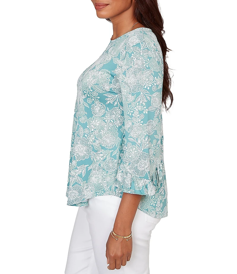 Ruby Rd. Petite Size Floral Scoop Neck 3/4 Ruffle Trim Sleeve Top