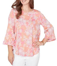 Ruby Rd. Petite Size Floral Scoop Neck 3/4 Ruffle Trim Sleeve Top
