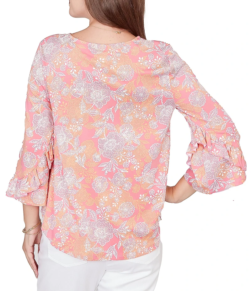 Ruby Rd. Petite Size Floral Scoop Neck 3/4 Ruffle Trim Sleeve Top