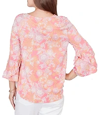 Ruby Rd. Petite Size Floral Scoop Neck 3/4 Ruffle Trim Sleeve Top