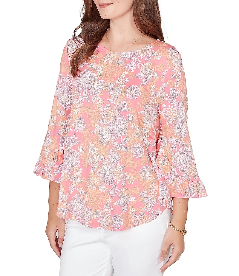 Ruby Rd. Petite Size Floral Scoop Neck 3/4 Ruffle Trim Sleeve Top