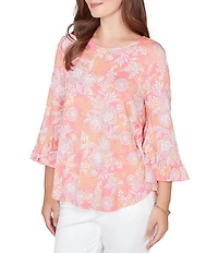 Ruby Rd. Petite Size Floral Scoop Neck 3/4 Ruffle Trim Sleeve Top