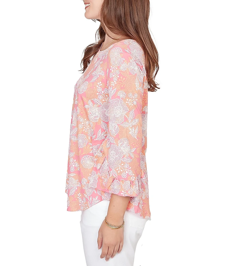 Ruby Rd. Petite Size Floral Scoop Neck 3/4 Ruffle Trim Sleeve Top