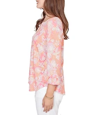 Ruby Rd. Petite Size Floral Scoop Neck 3/4 Ruffle Trim Sleeve Top