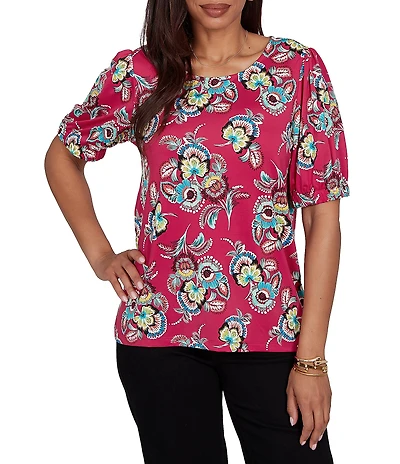 Ruby Rd. Petite Size Floral Scoop Neck Short Sleeve Top