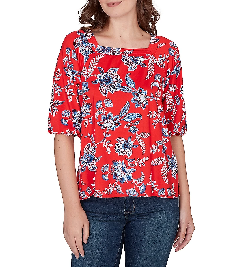 Ruby Rd. Petite Size Floral Square Neck Elbow-Length Sleeve Knit Top