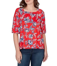 Ruby Rd. Petite Size Floral Square Neck Elbow-Length Sleeve Knit Top