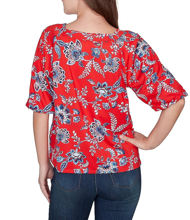 Ruby Rd. Petite Size Floral Square Neck Elbow-Length Sleeve Knit Top