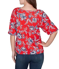 Ruby Rd. Petite Size Floral Square Neck Elbow-Length Sleeve Knit Top