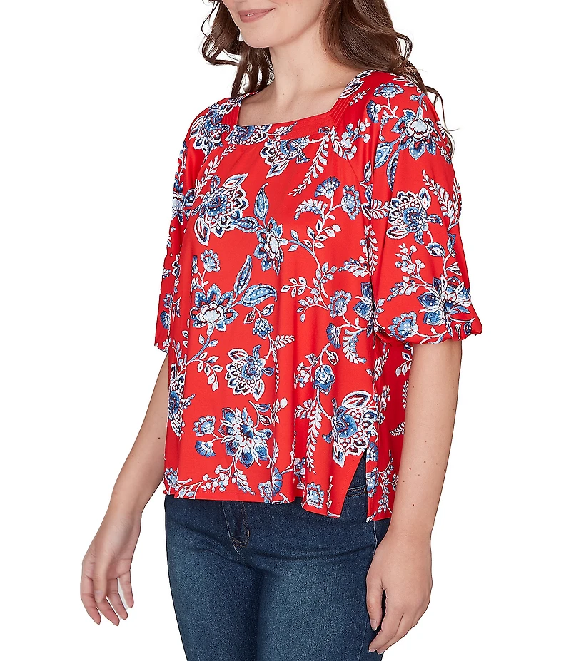 Ruby Rd. Petite Size Floral Square Neck Elbow-Length Sleeve Knit Top