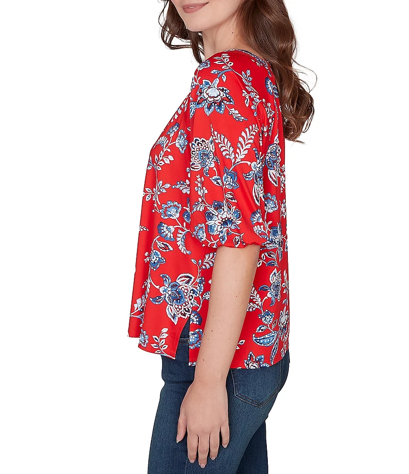 Ruby Rd. Petite Size Floral Square Neck Elbow-Length Sleeve Knit Top