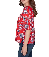 Ruby Rd. Petite Size Floral Square Neck Elbow-Length Sleeve Knit Top
