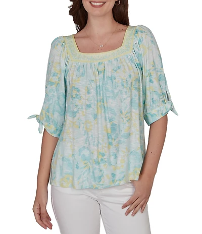 Ruby Rd. Petite Size Floral Square Neck Elbow Tie Sleeve Pleated Top