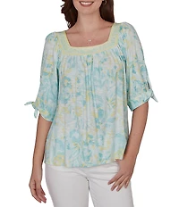 Ruby Rd. Petite Size Floral Square Neck Elbow Tie Sleeve Pleated Top