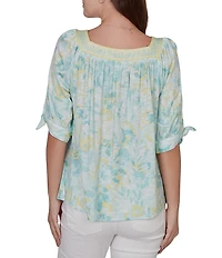 Ruby Rd. Petite Size Floral Square Neck Elbow Tie Sleeve Pleated Top