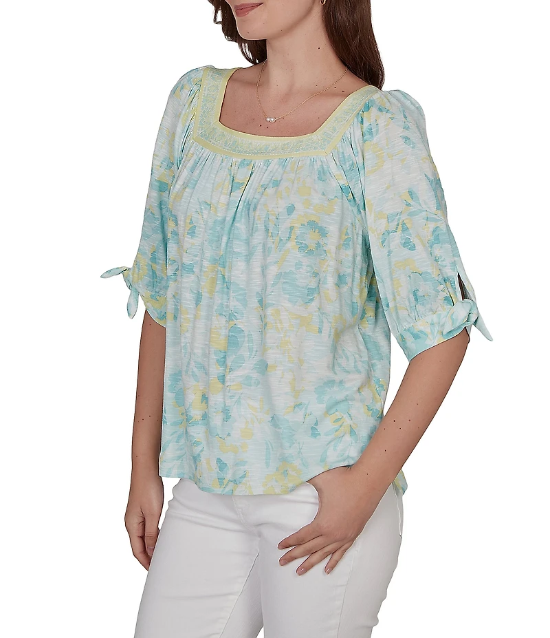 Ruby Rd. Petite Size Floral Square Neck Elbow Tie Sleeve Pleated Top