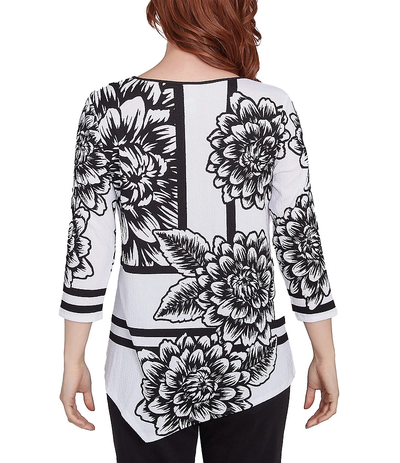 Ruby Rd. Petite Size Floral Stripe Embellished Scoop Neck 3/4 Sleeve Asymmetrical Hem Top