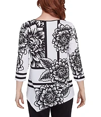 Ruby Rd. Petite Size Floral Stripe Embellished Scoop Neck 3/4 Sleeve Asymmetrical Hem Top