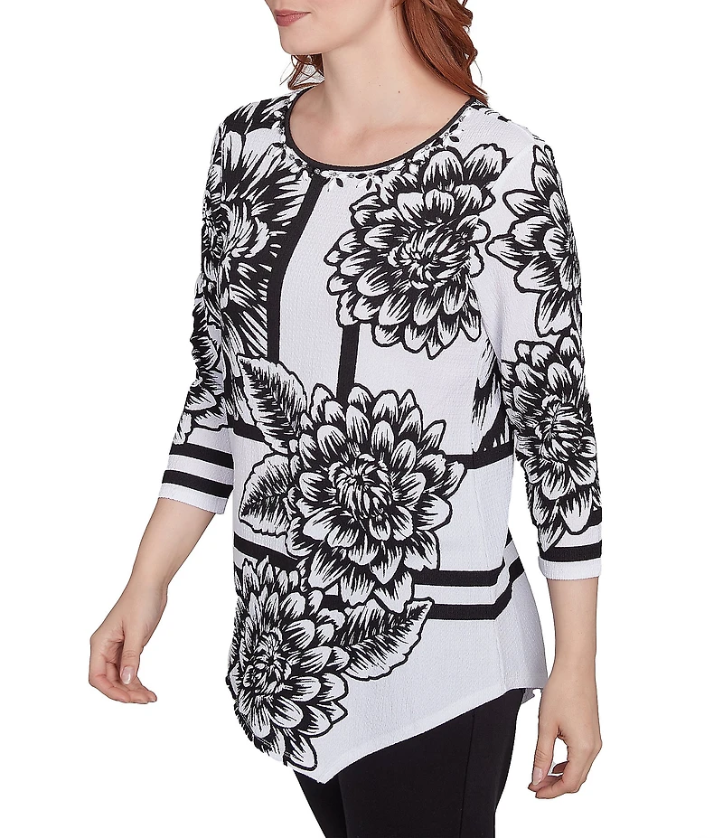Ruby Rd. Petite Size Floral Stripe Embellished Scoop Neck 3/4 Sleeve Asymmetrical Hem Top