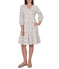 Ruby Rd. Petite Size Floral V-Neck 3/4 Sleeve Shift Dress