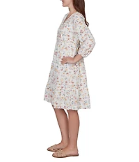 Ruby Rd. Petite Size Floral V-Neck 3/4 Sleeve Shift Dress