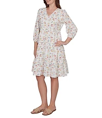 Ruby Rd. Petite Size Floral V-Neck 3/4 Sleeve Shift Dress