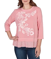 Ruby Rd. Petite Size French Terry Knit Floral Embroidered Eyelet Accents Top