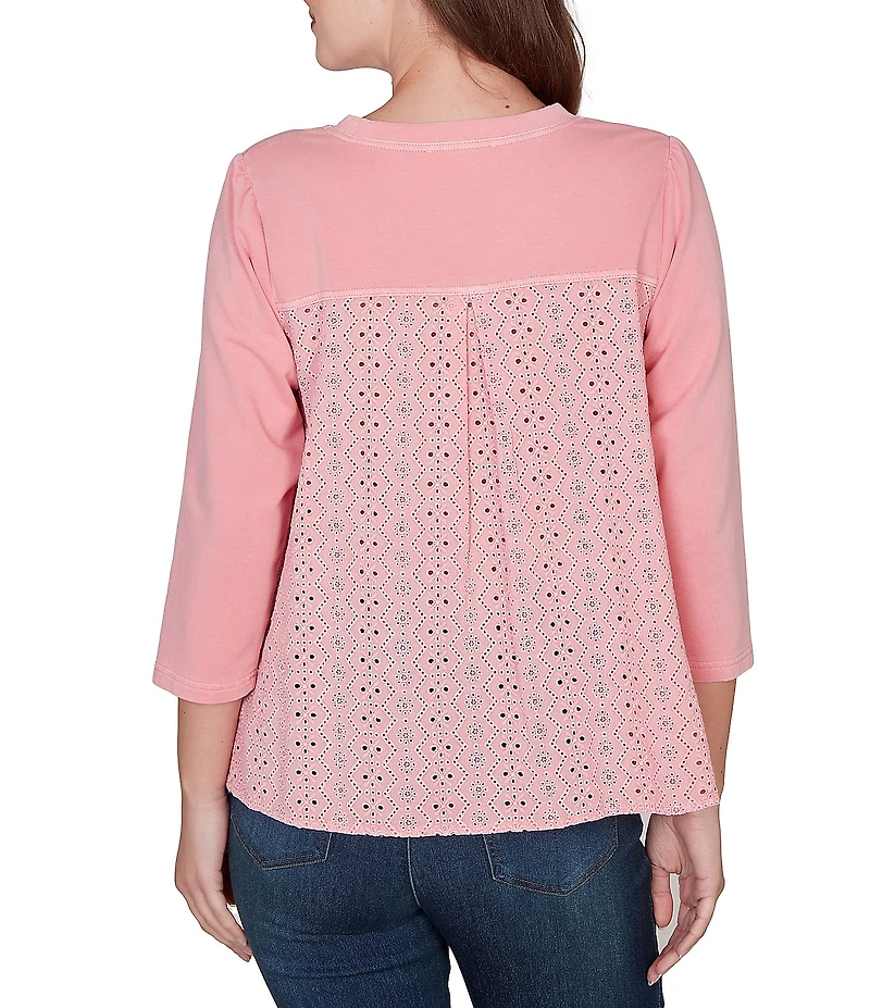 Ruby Rd. Petite Size French Terry Knit Floral Embroidered Eyelet Accents Top