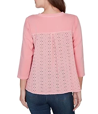 Ruby Rd. Petite Size French Terry Knit Floral Embroidered Eyelet Accents Top