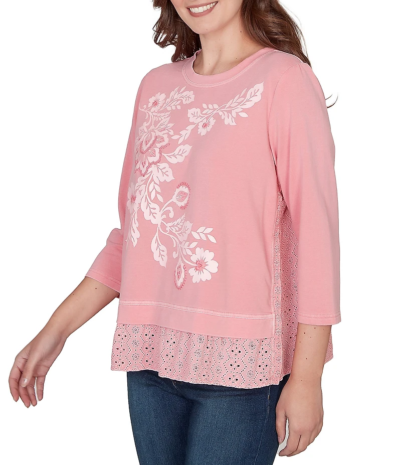 Ruby Rd. Petite Size French Terry Knit Floral Embroidered Eyelet Accents Top