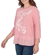 Ruby Rd. Petite Size French Terry Knit Floral Embroidered Eyelet Accents Top