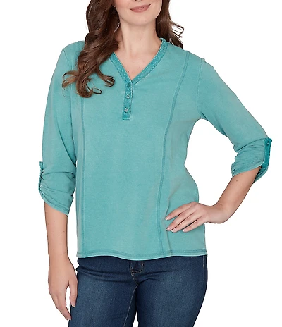 Ruby Rd. Petite Size French Terry Knit Lace Applique V-Neck 3/4 Buttoned Tab Sleeve Top