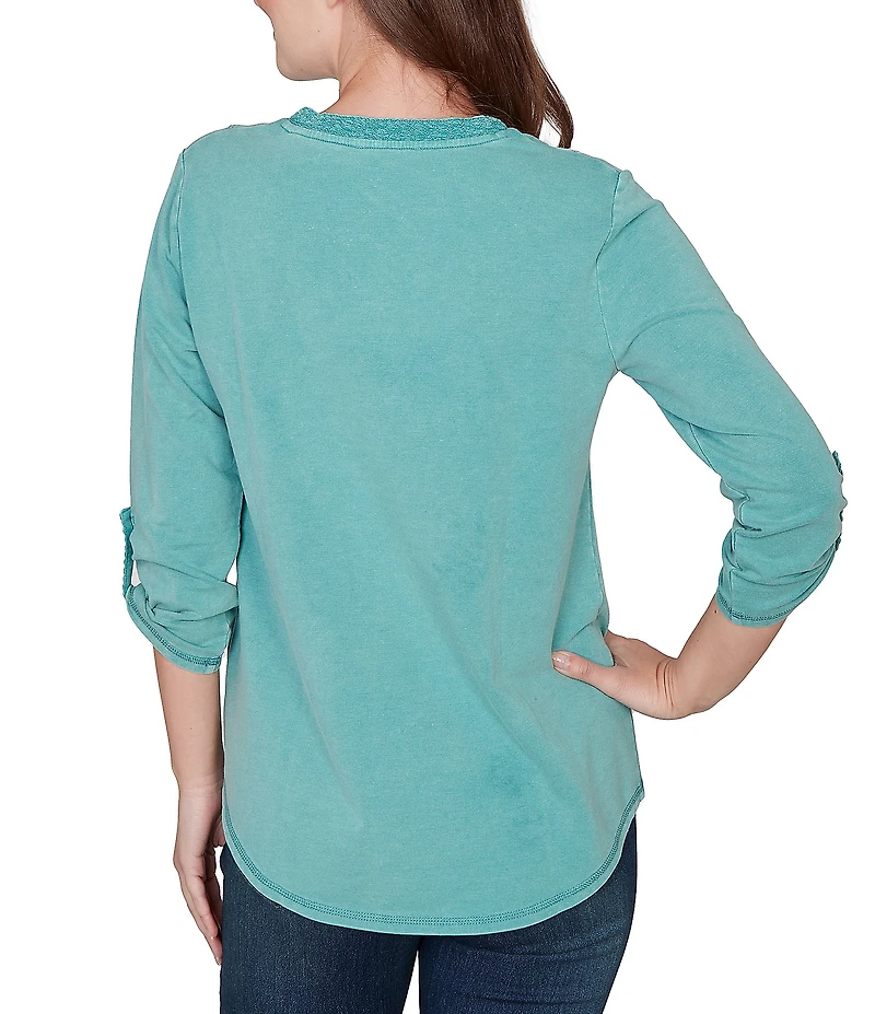 Ruby Rd. Petite Size French Terry Knit Lace Applique V-Neck 3/4 Buttoned Tab Sleeve Top