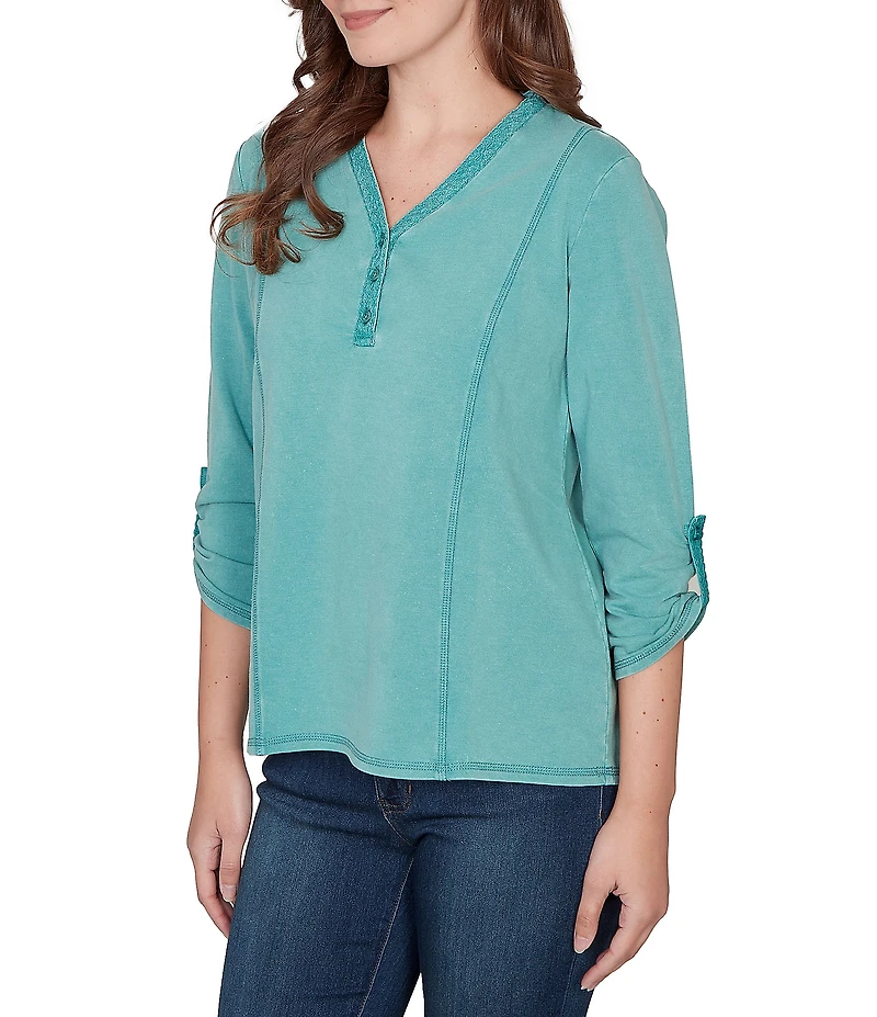 Ruby Rd. Petite Size French Terry Knit Lace Applique V-Neck 3/4 Buttoned Tab Sleeve Top