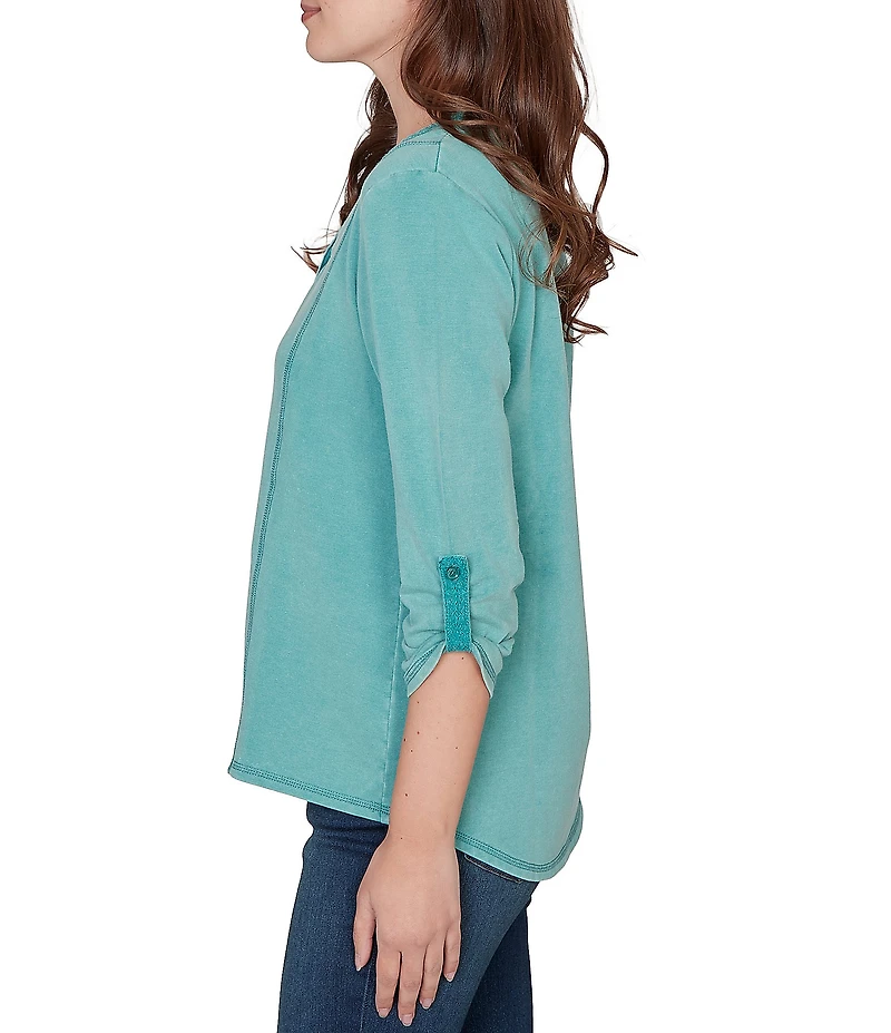 Ruby Rd. Petite Size French Terry Knit Lace Applique V-Neck 3/4 Buttoned Tab Sleeve Top