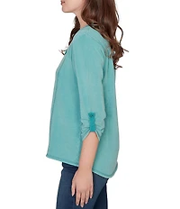 Ruby Rd. Petite Size French Terry Knit Lace Applique V-Neck 3/4 Buttoned Tab Sleeve Top