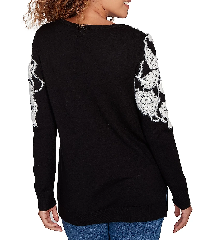 Ruby Rd. Petite Size Fuzzy Eyelash Jacquard Knit Floral Placement Scoop Neckline Sweater