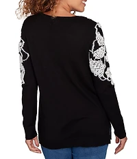 Ruby Rd. Petite Size Fuzzy Eyelash Jacquard Knit Floral Placement Scoop Neckline Sweater