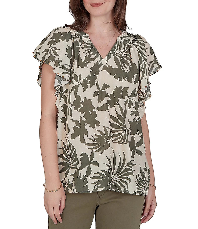 Ruby Rd. Petite Size Gauze Stone Multi V-Neck Short Flutter Sleeve Top