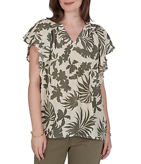 Ruby Rd. Petite Size Gauze Stone Multi V-Neck Short Flutter Sleeve Top