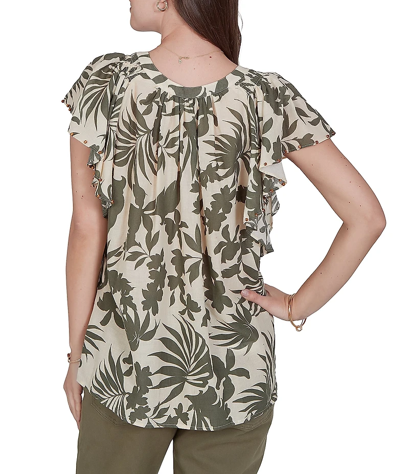 Ruby Rd. Petite Size Gauze Stone Multi V-Neck Short Flutter Sleeve Top
