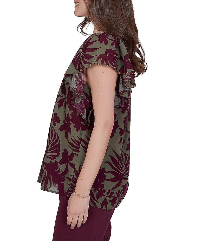 Ruby Rd. Petite Size Gauze Stone Multi V-Neck Short Flutter Sleeve Top