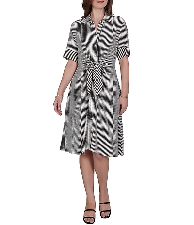 Ruby Rd. Petite Size Gauze Stripe Point Collar Short Sleeve Adjustable Tie Waist Midi Shirtdress