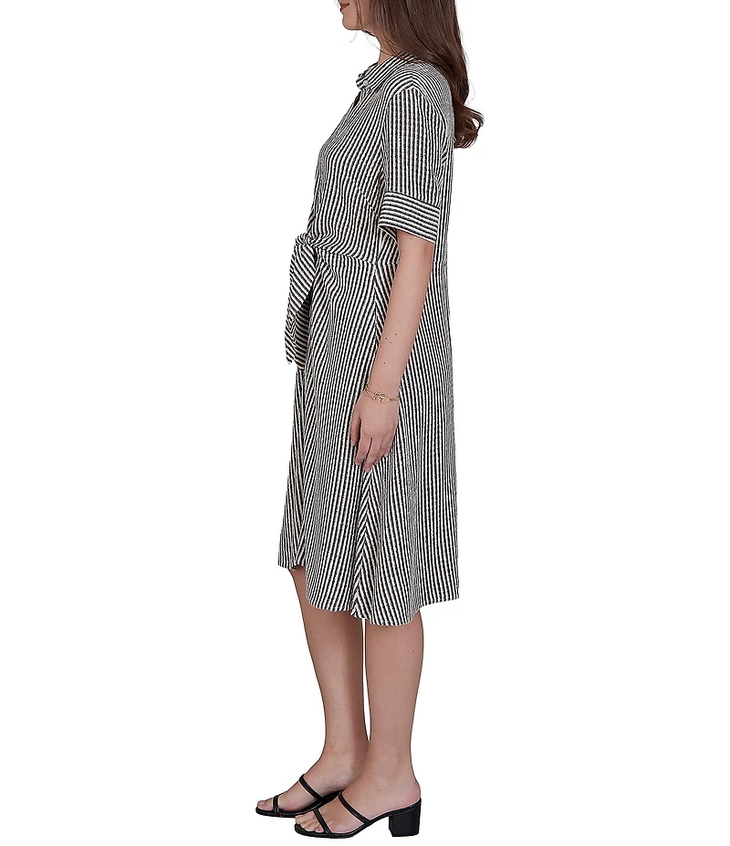 Ruby Rd. Petite Size Gauze Stripe Point Collar Short Sleeve Adjustable Tie Waist Midi Shirtdress