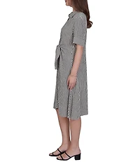 Ruby Rd. Petite Size Gauze Stripe Point Collar Short Sleeve Adjustable Tie Waist Midi Shirtdress