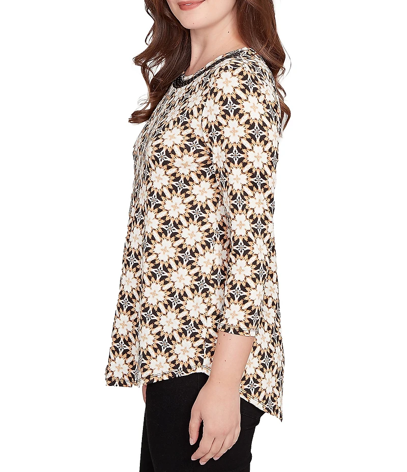 Ruby Rd. Petite Size Geometric Medallion Print Crew Neck 3/4 Sleeve Metallic Mesh Knit Top