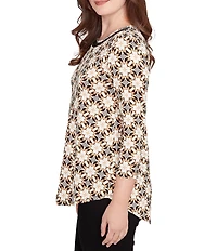 Ruby Rd. Petite Size Geometric Medallion Print Crew Neck 3/4 Sleeve Metallic Mesh Knit Top