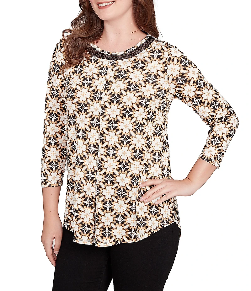 Ruby Rd. Petite Size Geometric Medallion Print Crew Neck 3/4 Sleeve Metallic Mesh Knit Top