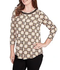 Ruby Rd. Petite Size Geometric Medallion Print Crew Neck 3/4 Sleeve Metallic Mesh Knit Top